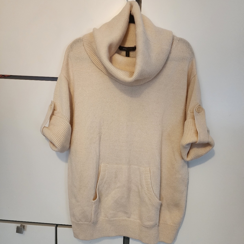 BCBGMaxAzria Women's Short Sleeve 100 % wool Cowl Neck Sweater Tunc Size L Beige - Picture 2 of 6